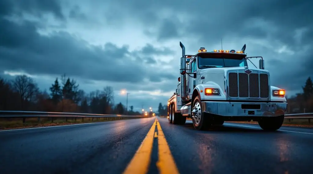 A fleet of professional Portage Trail Tow flatbed tow trucks parked in front of the Akron facility with team members in uniform