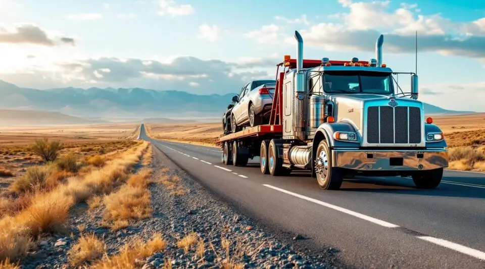 A professional flatbed tow truck transporting a sedan along a highway near Akron under dramatic sunset light.