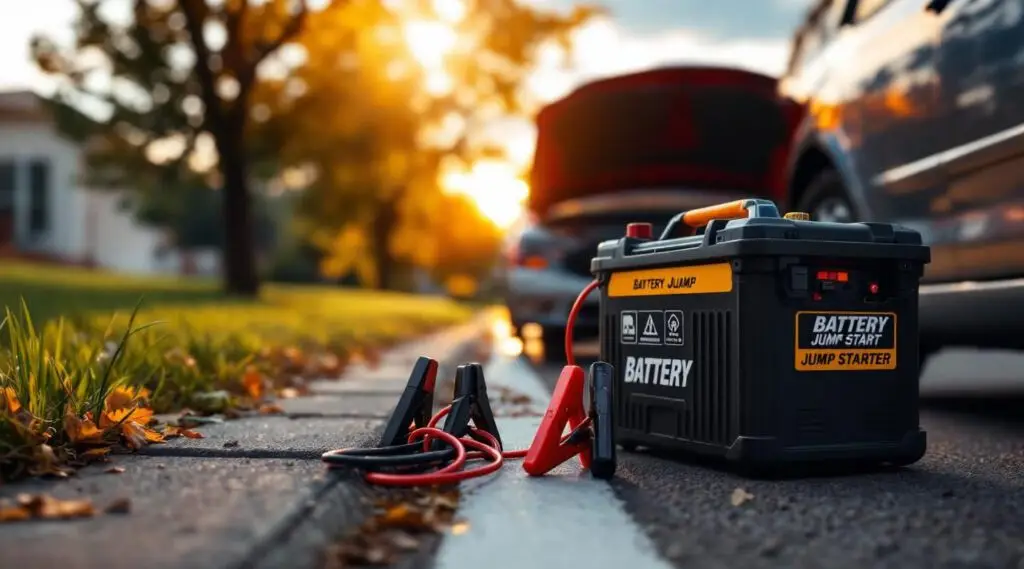 Portage Trail Tow operator attaching heavy-duty booster cables to a dead car battery in a cold Canton parking lot at night.