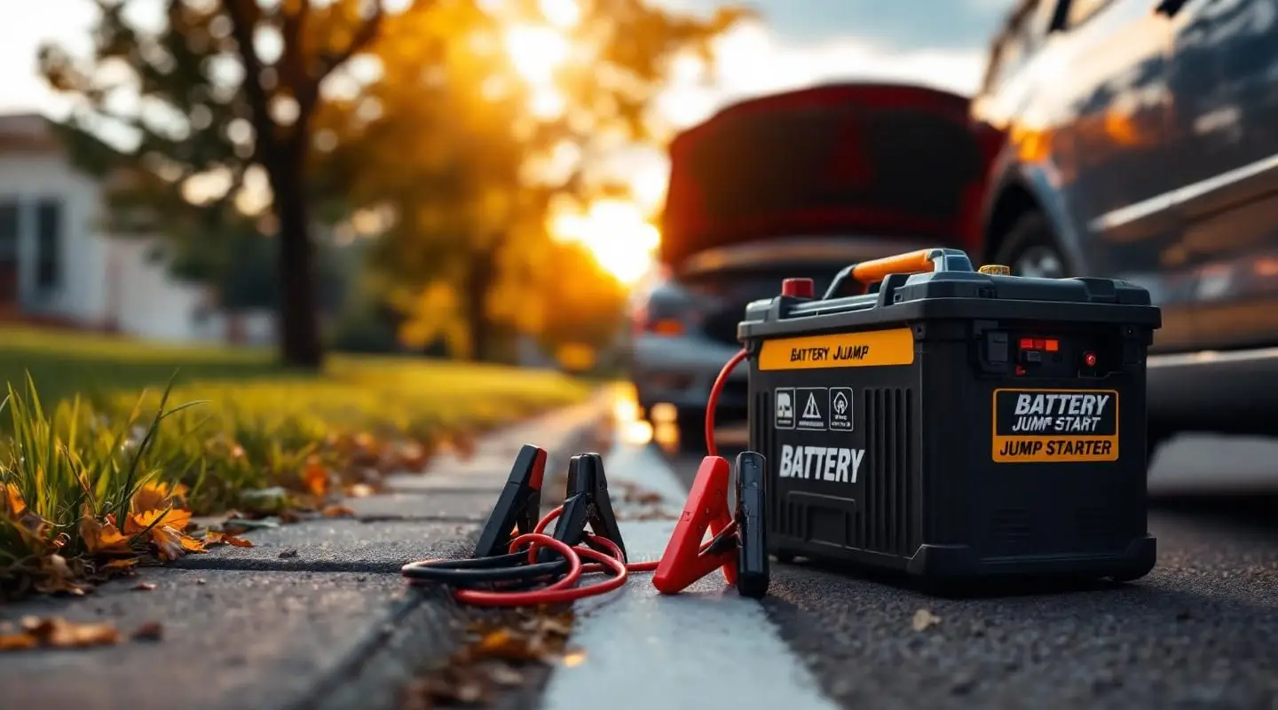 A professional tow operator connecting heavy-duty jumper cables to a dead car battery on a freezing winter evening in Akron.