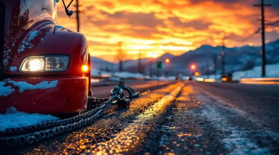 A Portage Trail Tow flatbed truck loading a sedan on South Main St in Akron, Ohio during a winter evening breakdown.