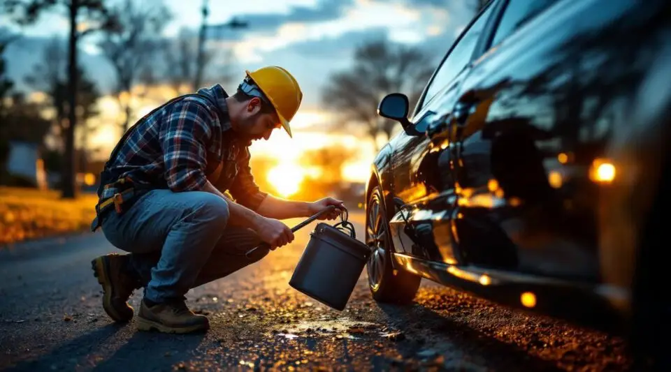 A Portage Trail Tow operator safely unlocking a vehicle door using professional lockout tools in Akron.