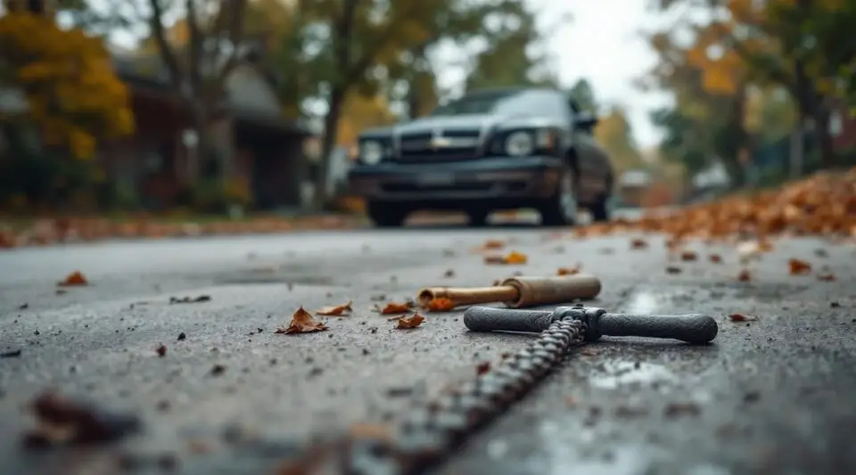 A flatbed tow truck loading a damaged, older sedan from an Akron driveway under overcast skies, showing junk car removal.