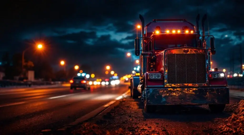 A Portage Trail flatbed tow truck loading a stranded vehicle on South Main St in Canton under nighttime streetlights.