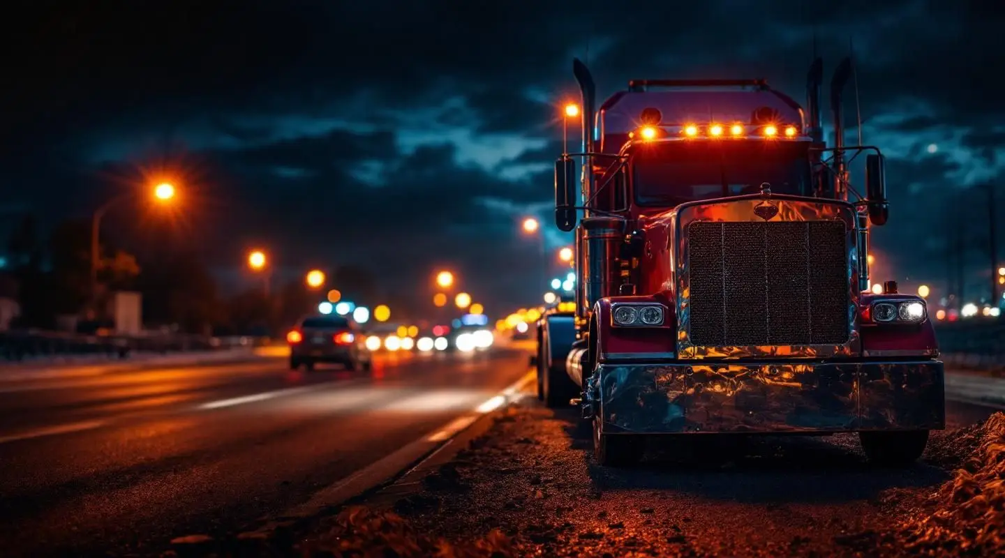 A Portage Trail flatbed tow truck loading a stranded vehicle on South Main St in Akron under nighttime streetlights.