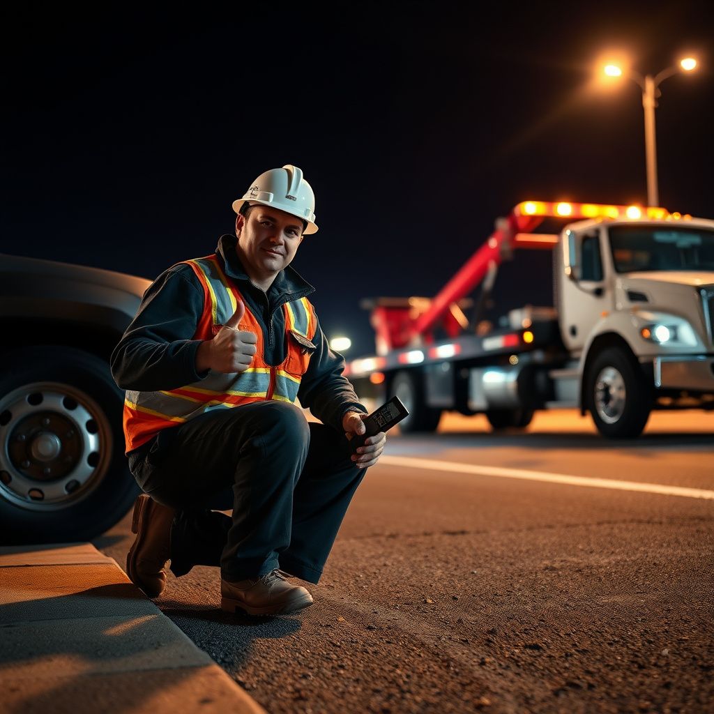 A professional tow truck operator checking the securement straps on a vehicle before transport in Massillon, Ohio.