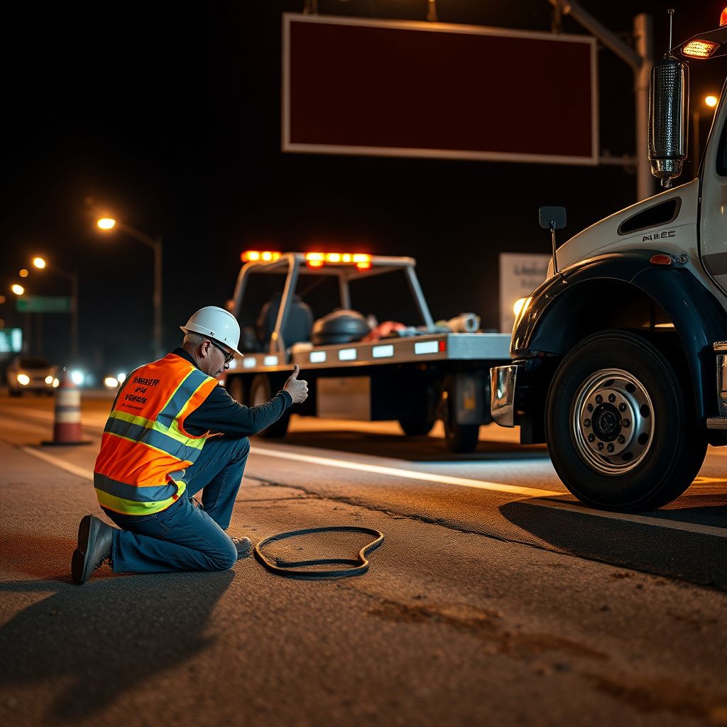 A tow truck operator preparing safety chains on a flatbed in Cleveland during a winter afternoon.
