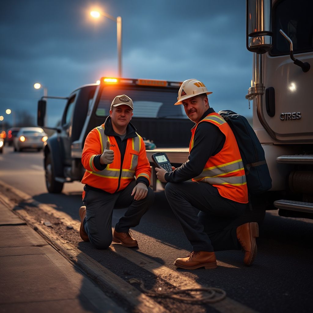 A professional tow truck operator securing a vehicle onto a flatbed carrier on a Hudson street.