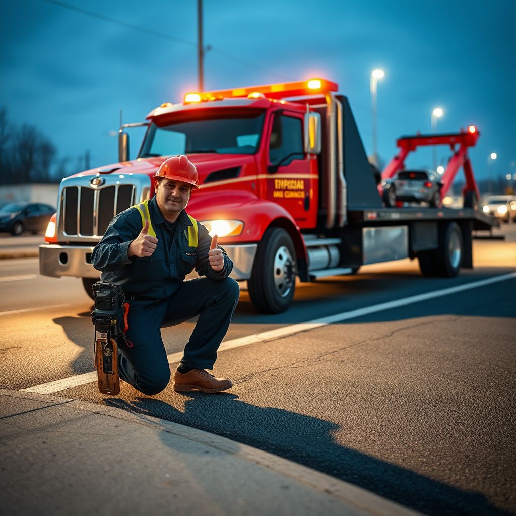 A professional tow truck operator preparing safety chains on a flatbed in Stow, Ohio.