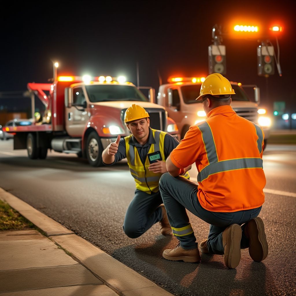 A professional tow truck operator in high-visibility safety gear preparing to assist a stranded motorist in Kent, Ohio.